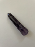 Load image into Gallery viewer, Alternate view. Gorgeous, 16-sided amethyst healing wand, with stunning craftsmanship. This high quality, deep purple amethyst wand can be used for healing and works especially well for &quot;people recovering from any type of poor health - emotional, mental, physical or spiritual &quot;and can aid in finding one&#39;s true path (ravenscrystals.com). It is approx. 3¾&quot; long. Cost is $30.
