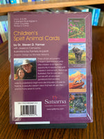 Load image into Gallery viewer, Photo of box back. Children&#39;s Spirit Animal Cards, with their colorful and inspiring illustrations give children the chance to choose cards and gain insights without the complexities of adult oracle cards. It also opens children up to the idea of spirit animals and the powerful messages they bring with simple words or phrases and artwork that they will love. Set consists of 24 oracle cards, guidebook (with guidance for parents) and a box for storage. Cost is $15.99.
