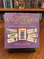 Load image into Gallery viewer, This is an expanded edition of the Original Angels Cards.  The set includes 20 new cards, for a total of 72 cards in the set, 20 bonus stickers related to the new cards, a small carrying case, a guidebook (with meditations, visualizations and journals to use as you work with the cards), and a &quot;flip-flop&quot; box for storage. Cost is $18.95. The cards in the set are very small compared to normal oracle cards and have one word and illustration on each. Photo shows the front of the deck box.
