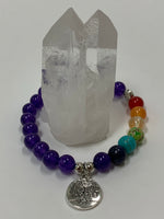 Load image into Gallery viewer, Close up of the power bracelet with all amethyst beads except 7 beads to match the chakras. Beads are 8mm. This bracelet also comes with a silver charm that has a tree of life etched in it in black. The beads are genuine but the color has been enhanced.
