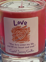 Load image into Gallery viewer, Close-up of the handcrafted pink votive candle in a glass holder. The wax is soy-based (no paraffin) and is also vegan. Wicks are made with paper and cotton only. It comes with an attractive label stating the intention/purpose of the candle, &quot;Love,&quot; and an affirmation for your use: &quot;May love enter my life and fill my heart and soul.&quot;
