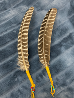 Load image into Gallery viewer, Beautiful feather for smudging, with the shaft wrapped in leather and accented with colorful beads. This is an authentic Native American made product. Use with sage or Palo Santo, etc. You can use it to: *Cleanse, clear &amp; purify your space or environment - home, office, *Cleanse, clear or purify a person &amp; their energy *Promote healing *Promote clarity of mind *Clear out spiritual impurities *Enhance ceremony or ritual. Approximately 13&quot; (or 14&quot; with leather, beaded dangles). Cost is $21.50.
