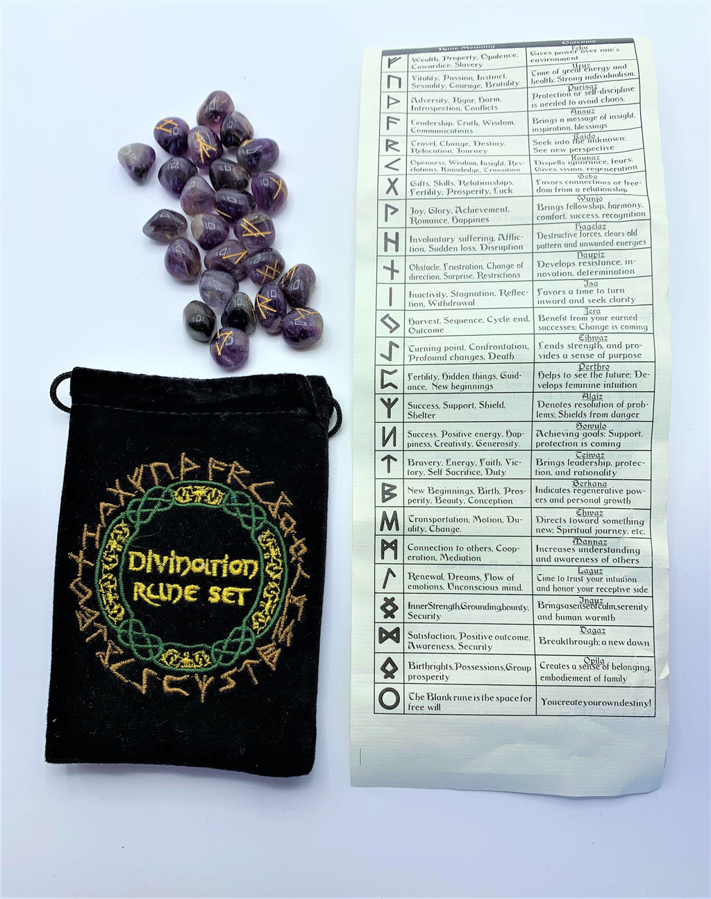 Amethyst Rune set with a runic symbol (in gold) on each stone. The set comes in a black bag embroidered on the front in green, yellow and light brown/gold with runic designs and the words "Divination Rune Set." Comes with a rolled up sheet of paper displaying each rune and its meaning. 
