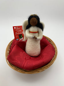 This is an angel of color (black) Christmas ornament that is handcrafted (fair trade) and made of 100% natural wool. She wears a white dress accented with red and gold beading on empire waist, has a gold beaded halo, black face and hair and bendable arms.  Approximately 5"x2.5".  She comes with a fair trade holiday "to/from" tag to use if giving this as a gift.     