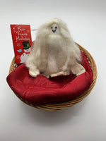 Load image into Gallery viewer, This is a Yeti Christmas Ornament that is handcrafted (fair trade) and made of 100% natural wool.  He is off-white and furry with felted hands and feet and black accents (mouth/eyes). Approximately 4.5&quot;x3.5&quot;. He comes with a fair trade holiday &quot;to/from&quot; tag to use if you are giving this as a gift.
