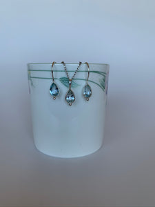 Sterling silver and blue topaz birthstone set (for December). Small tear drop blue topaz on earrings and pendant.  Earrings have wires, not posts for wearing.  The  stones and setting are very small and delicate. Necklace chain not included. Approximately 1" (earrings) & 3/4" (pendant). 