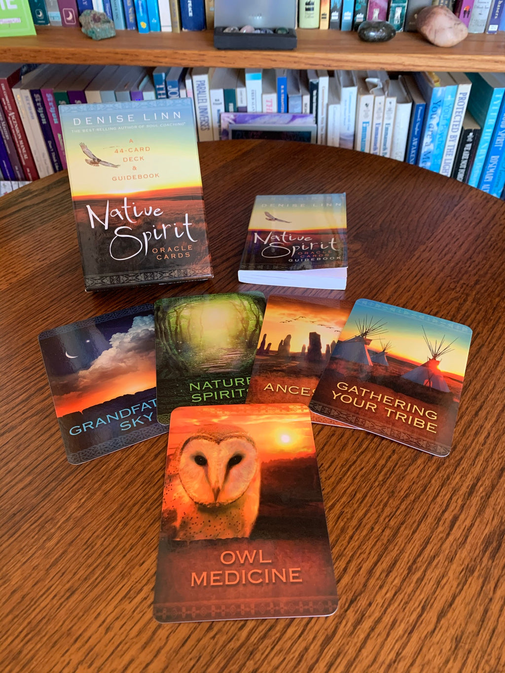 Photo of the Native Spirit Oracle Cards (shows 5 cards, the box front and book). Includes 44 cards, a guidebook and box for storage. This is a personal favorite of mine. The art is beautiful and the card description has 3 parts: "Card Meaning," "Your Native Spirit Wants You To Know," and "The Journey."  Denise Linn, the author, is a member of the Cherokee Nation, is a best-selling author and she created these cards at the base of a sacred mountain. Price is $18.99.