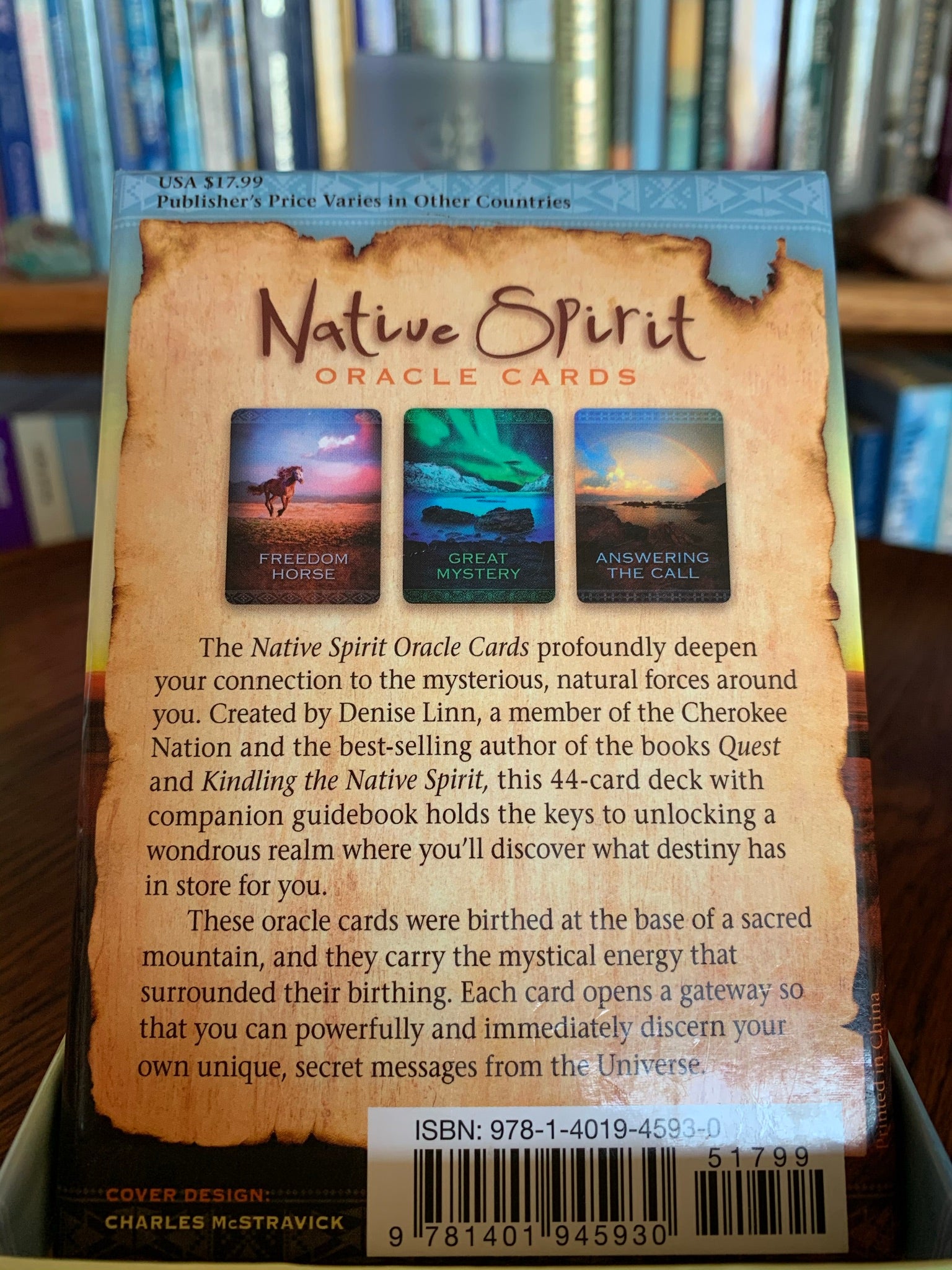 Close-up view - back of the box for the Native Spirit Oracle Cards. The deck includes 44 cards, a guidebook and box for storage. This is a personal favorite of mine. The art is beautiful and the card description has 3 parts: "Card Meaning," "Your Native Spirit Wants You To Know," and "The Journey." Denise Linn, the author, is a member of the Cherokee Nation, is a best-selling author and she created these cards at the base of a sacred mountain. Price is $18.99.