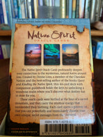 Load image into Gallery viewer, Close-up view - back of the box for the Native Spirit Oracle Cards. The deck includes 44 cards, a guidebook and box for storage. This is a personal favorite of mine. The art is beautiful and the card description has 3 parts: &quot;Card Meaning,&quot; &quot;Your Native Spirit Wants You To Know,&quot; and &quot;The Journey.&quot; Denise Linn, the author, is a member of the Cherokee Nation, is a best-selling author and she created these cards at the base of a sacred mountain. Price is $18.99.

