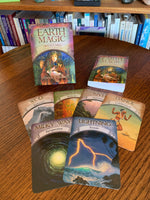 Load image into Gallery viewer, Earth Magic Oracle Cards. Receive guidance for your life with these lovely cards that help you by using the many elements, animals and beings of our Mother Earth. The deck includes 48 cards, a guidebook and a box for storing them. The author, Steven Farmer, is a psychotherapist, Shaman &amp; Soul Healer. The Photo shows 6 of the oracle cards, the guidebook and the front of the box. Price is $18.99.
