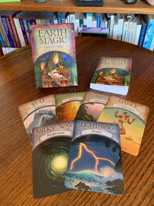 Earth Magic Oracle Cards. Receive guidance for your life with these lovely cards that help you by using the many elements, animals and beings of our Mother Earth. The deck includes 48 cards, a guidebook and a box for storing them. The author, Steven Farmer, is a psychotherapist, Shaman & Soul Healer. The Photo shows 6 of the oracle cards, the guidebook and the front of the box. Price is $18.99.