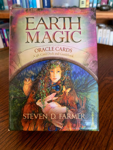 Photo of box front. Earth Magic Oracle Cards. Receive guidance for your life with these lovely cards that help you by using the many elements, animals and beings of our Mother Earth. The deck includes 48 cards, a guidebook and a box for storing them. The author, Steven Farmer, is a psychotherapist, Shaman & Soul Healer.  Price is $18.99