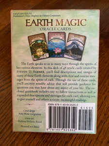 Photo of back of deck box. Earth Magic Oracle Cards. Receive guidance for your life with these lovely cards that help you by using the many elements, animals and beings of our Mother Earth. The deck includes 48 cards, a guidebook and a box for storing them. The author, Steven Farmer, is a psychotherapist, Shaman & Soul Healer. Price is $18.99