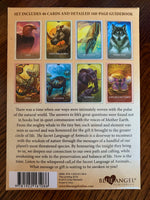 Load image into Gallery viewer, Photo of box back with a sampling of the cards. The Secret Language of Animals is an oracle deck. It was created &quot;as a pathway for individuals and families to expand their sense of connection with the natural world and awaken to their unique gifts and higher purpose.&quot; Set includes 46 cards, a guidebook and a box for storage. What I love about this deck is that the animals he has chosen are all either endangered, critically endangered or vulnerable, bringing awareness to their plight. Cost is $23.95.
