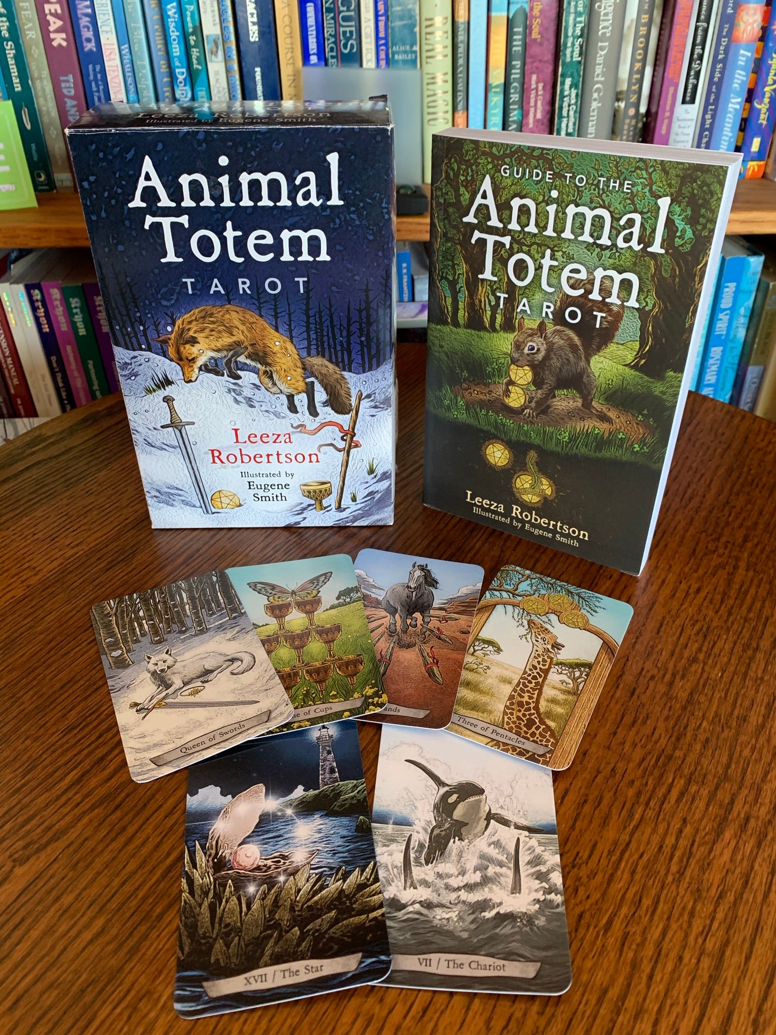 Photo of the whole set of The Animal Totem Tarot takes the best of the tarot and merges it with the best of the animal totem world (some people call them spirit animals or power animals). "This guide takes you by the hand and walks you through totemic experiences that answer your most pressing questions. Set includes 78 cards, a guidebook and box for storing them. Cost is $28.99.