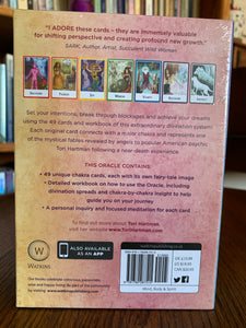 Back of the deck box. Chakra Wisdom Oracle Cards are a divination system that Tori Hartman came up with after a near death experience. Angels revealed the mystical fairy tales depicted on each card. Each card also represents one of the 7 major chakras. This set includes 49 oracle cards, a guidebook (which includes a "personal inquiry and focused meditation for each of the 49 cards) and a box for storing them. Tori Hartman is a "popular American psychic. Price is $19.95.