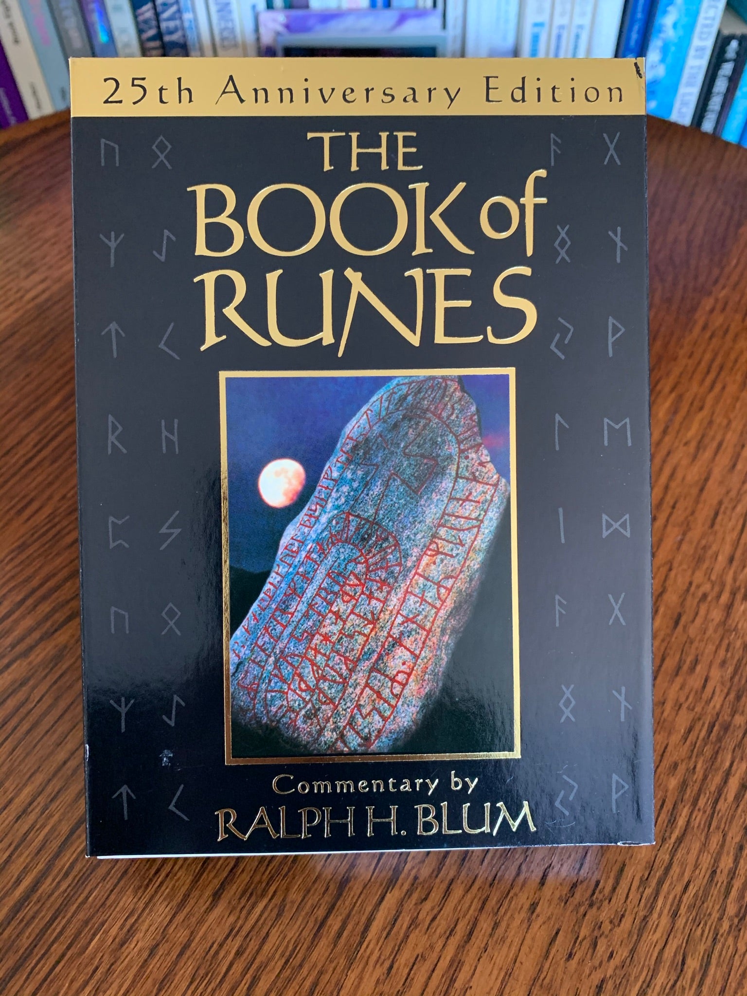 The Book of Runes by Ralph Blum has been around for many years. I have used this set for a very long time. He is the person who is credited (or criticized) for adding the blank rune to the original set of 24, making it 25. The set comes with a set of 25 large rune stones, a bag to store them in and a hardback guidebook. The photo shows the front of the box. Price is $37.50.