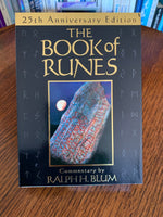 Load image into Gallery viewer, The Book of Runes by Ralph Blum has been around for many years. I have used this set for a very long time. He is the person who is credited (or criticized) for adding the blank rune to the original set of 24, making it 25. The set comes with a set of 25 large rune stones, a bag to store them in and a hardback guidebook. The photo shows the front of the box. Price is $37.50.
