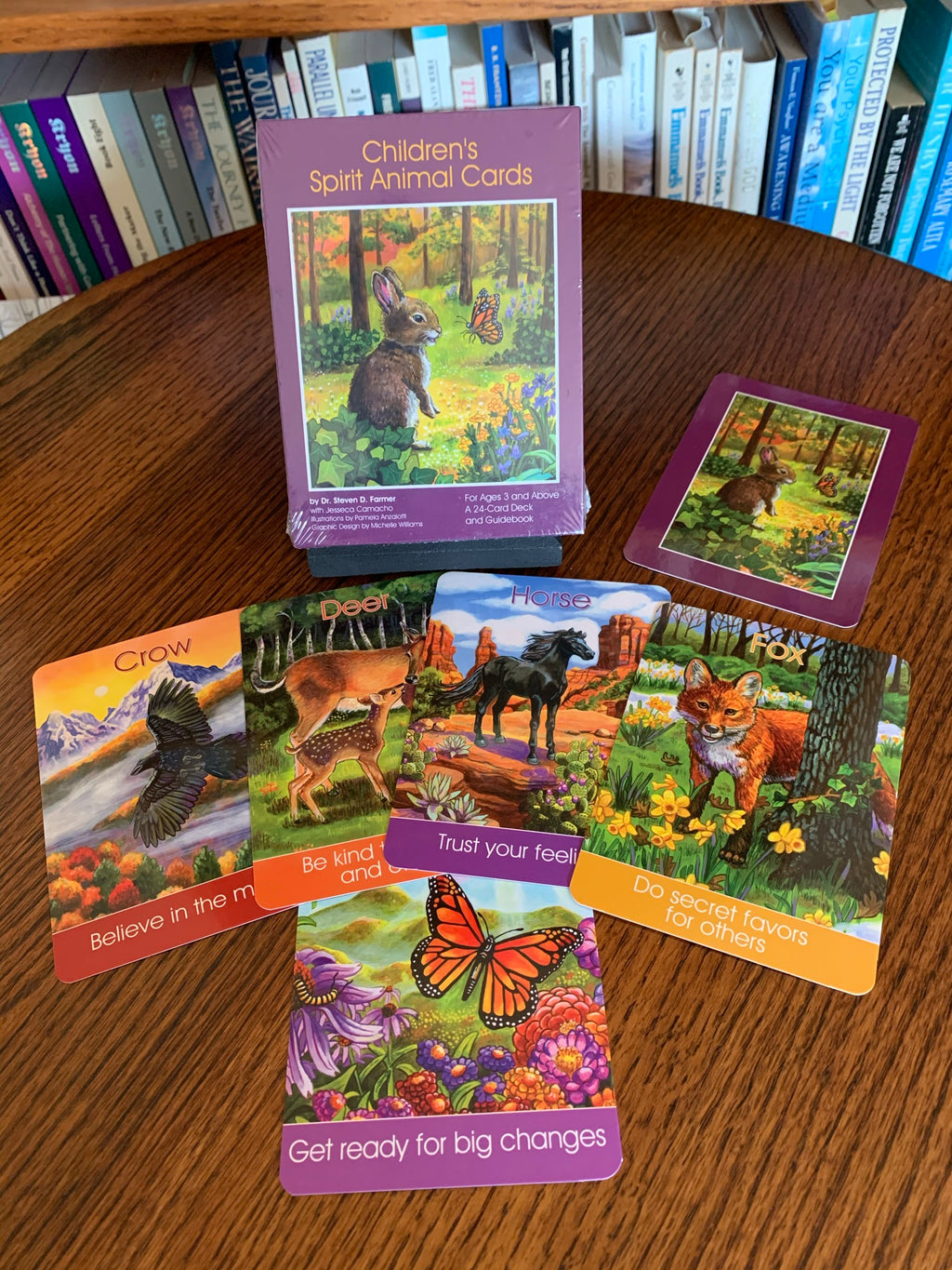 Children's Spirit Animal Cards, with their colorful and inspiring illustrations give children the chance to choose cards and gain insights without the complexities of adult oracle cards.  It also opens children up to the idea of spirit animals and the powerful messages they bring  with simple words or phrases and artwork that they will love. Set consists of 24 oracle cards, guidebook (with guidance for parents) and a box for storage. Cost is $15.99