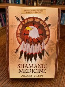 Photo of box front. Shamanic Medicine Oracle Cards consist of 50 oracle cards, a guidebook, and a box for storing them. Gorgeous illustrations (by Yuri Leitch) accompany the beautiful insights and writings of the authors: Barbara Meiklejohn-Free & Flavia Kate Peters. Use these cards for "wise counsel, divination and a fuller understanding of the medicine of each card." This is a very powerful deck. Price is $23.95.