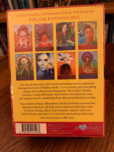 Back of box showing a sample of the cards. The Soulful Woman Guidance Cards, created by Shushann Movsessian and Gemma Summers, who handpicked 26 visionary female artists to illustrate the cards. And so this deck is for women and by women who are creative, gifted and talented. These cards will "help you to relax into life's flow, trust in divine timing, follow your intuition." Set includes 26 cards, a guidebook & a box to store them. Cost is $23.95.