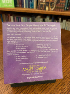 This is an expanded edition of the Original Angels Cards. The set includes 20 new cards, for a total of 72 cards in the set, 20 bonus stickers related to the new cards, a small carrying case, a guidebook (with meditations, visualizations and journals to use as you work with the cards), and a "flip-flop" box for storage. Cost is $18.95. The cards in the set are very small compared to normal oracle cards and have one word on each. Photo shows the back of the deck box,.