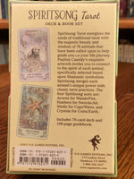 Load image into Gallery viewer, Photo of the box back. The Spiritsong Tarot deck offers gorgeous and intricate illustrations and cards that represent the power and majesty of animals based on Shamanic symbolism. Illustrations are pretty and fanciful. &quot;Spiritsong Tarot energizes the cards of the traditional tarot with the majestic beauty and wisdom of 78 animals that have been called upon to help guide you on your life journey.&quot; The set includes 78 cards, a guidebook and box for storage. Cost is $23.95.
