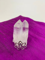Load image into Gallery viewer, Another Close-up View. Marquise shaped amethyst set at the top of an open sterling silver lotus. Pendant only, no necklace chain. This lovely pendant is lightweight and approximately 1&quot; long.
