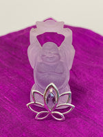 Load image into Gallery viewer, Close-up View. Marquise shaped amethyst set at the top of an open sterling silver lotus. Pendant only, no necklace chain. This lovely pendant is lightweight and approximately 1&quot; long.
