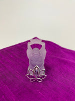 Load image into Gallery viewer, Marquise shaped amethyst set at the top of an open sterling silver lotus.  Pendant only, no necklace chain.  This lovely pendant is lightweight and approximately 1&quot; long.  
