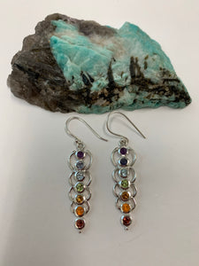 A third view. Chakra energy link earrings. Small faceted stones that represent each of the chakras: amethyst/crown, iolite/third eye, blue topaz/throat, peridot/heart, citrine/solar plexus, carnelian/sacral (or naval), garnet/root (or base). These stones are set in links or loops of sterling silver, two per loop or link go straight down the middle. Wires not posts and approximately 1¾".