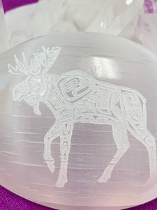 Close-up view of  the moose etched on a smooth, polished selenite palm stone. The selenite ranges from translucent to milky white in color. Moose is associated with self-esteem, joyful sharing of a job well done and self acceptance and self-love. The palm stones vary in weight, but the average is 4.2 oz. The approximate size is 3"x2.5". This selenite is ethically sourced and workers are paid living wages.