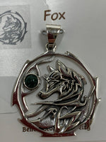 Load image into Gallery viewer, Close-up view. Sterling silver fox animal pendant, accented with an aventurine gemstone. The fox is set within an open, stylized circle (circle and fox are sterling). Wear your spirit animal&#39;s energy so you have it with you everywhere you go. Pendant only - necklace chain not included.
