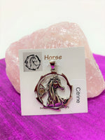 Load image into Gallery viewer, Sterling silver horse spirit animal pendant, accented with a citrine gemstone. The horse is set within an open, stylized circle with the gemstone on the side (horse and circle are sterling). Wear your spirit animal&#39;s energy everywhere you go! Pendant only - necklace chain not included.
