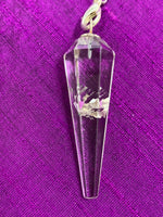 Load image into Gallery viewer, Close-up view of the clear quartz crystal (this one with an inclusion, but each pendulum&#39;s crystal is different.
