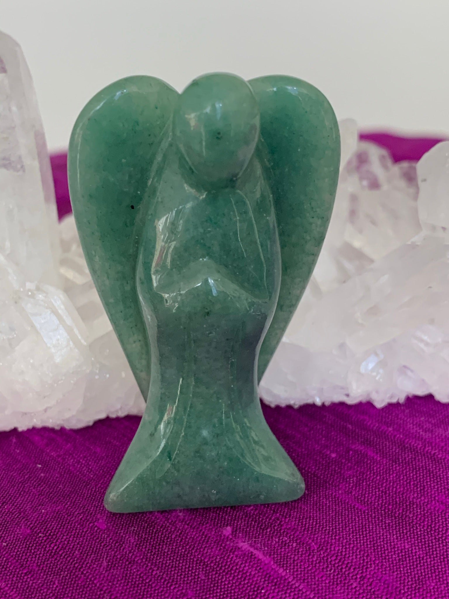  Another close-up front view. Lovely Aventurine angel is perfect for your altar, meditation space, to hold while meditating, or anywhere you want to radiate the energy of prosperity & compassion. ♥. A great gift too! Aventurine is a stone of prosperity (another crystal I used to keep in my cash register :). It is also associated with leadership & decisiveness. It promotes compassion and empathy and helps in emotional recovery. Physically, it is said to relieve migraines and allergies. Approximately 2" tall.