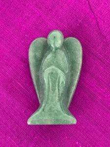Close-up front view. Lovely Aventurine angel is perfect for your altar, meditation space, to hold while meditating, or anywhere you want to radiate the energy of prosperity & compassion. ♥. A great gift too! Aventurine is a stone of prosperity (another crystal I used to keep in my cash register :). It is also associated with leadership & decisiveness. It promotes compassion and empathy and helps in emotional recovery. Physically, it is said to relieve migraines and allergies. Size is approximately 2" tall.
