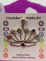 Load image into Gallery viewer, Close-up view. Open sterling silver lotus pendant with small, faceted chakra stones (one representing each of the 7 major chakras) set above the petals, with one at the bottom of the lotus (representing the root chakra). The lotus represents purity, strength and enlightenment. It also reminds us that we all have to move through the muck to reach the light. Perfect for wearing to take advantage of its benefits all day long. Approximately 1¼&quot;.
