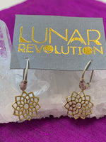 Load image into Gallery viewer, Close-up view. The divine mini-hoop earrings include a crown chakra charm which is hand-cast, hypoallergenic brass, accented by lavender and silver colored beads placed along the sterling silver ear wires, from which the charm dangles. The Crown chakra symbol (Sahasrara) is associated with our connection with Spirit and the Divine.
