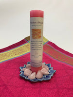 Load image into Gallery viewer, Reiki-charged pillar candle for &quot;manifesting a miracle.&quot; It is handcrafted and scented using essential oils. An affirmation/prayer is printed on the label, as well as a listing of the essential oils used (rose, honeysuckle &amp; magnolia). It is approximately 7&quot;x1½.&quot; Perfect for meditation, prayer, visualization or quiet time. This pink candle and its label are both visually appealing.
