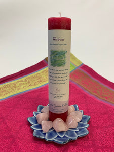 Reiki-charged pillar candle for "wisdom." It is handcrafted and scented using essential oils. An affirmation/prayer is printed on the label as well as a listing of the essential oils used (coconut, mint, cedar, eucalyptus). It is approximately 7"x1½". Perfect for meditation, prayer, visualization or quiet time. This red candle and its label are both visually appealing. 