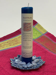 Reiki-charged pillar candle for "Good Health." It is handcrafted and scented using essential oils. An affirmation/prayer is printed on the label, as well as a listing of the essential oils used (clove, nutmeg, lemon balm, poppy seed, cedar, honeysuckle, juniper). It is approximately 7"x2½." Perfect for meditation, prayer, visualization or quiet time. This dark blue candle and its label are both visually appealing.
