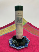 Load image into Gallery viewer, Reiki-charged pillar candle infused with the energy of &quot;peace.&quot;  It is handcrafted and scented using essential oils. An affirmation/prayer is printed on the label, as well as a listing of the essential oils used (myrrh, ginger root, vanilla, clove, caraway seed). It is approximately 7&quot;x2½&quot;. Perfect for meditation, prayer, visualization or quiet time. This deep green candle and its label are both visually appealing.
