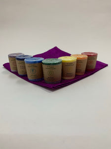 Lovely scented set of chakra candles, one representing each of the 7 major chakras. Made with natural essential oils. They are handmade and fair trade (workers receive fair wages for their work).  Comes with information/instruction sheet. Use for meditation or chakra awakening/alignment. Each candle is approximately 1.75". These are handmade and fair trade candles.