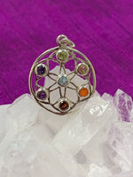 Load image into Gallery viewer, Second close-up view. Beautiful chakra wheel pendant with seven small faceted stones around the wheel, each representing one of the 7 major chakras. Stones are set in sterling silver wheel. Chakras are energy centers in our bodies that process energy - coming into and flowing out of the body. The pendant is approximately 1¼&quot;.
