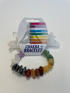 Colorful chakra chip bracelet is adorned with gemstones/crystals to complement each of the major seven chakras: Crown, Third Eye, Throat, Heart, Solar Plexus, Sacral/Navel, Root/Base. Wear it to activate the chakras and for the other wonderful qualities each stone carries. The stones included are: clear quartz, amethyst, sodalite, green quartz, citrine/yellow jade, hematite, agate. Cost is $9.98. 
