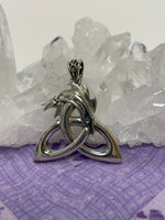 Load image into Gallery viewer, Stunning sterling silver dragon pendant forming a Celtic triquetra or trinity knot with a Celtic design on the bail. Approximately 1¼&quot; without  bail, 1½&quot; with bail. Cost is $34.98.
