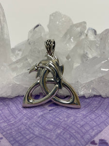 Stunning sterling silver dragon pendant forming a Celtic triquetra or trinity knot with a Celtic design on the bail. Approximately 1¼" without  bail, 1½" with bail. Cost is $34.98.