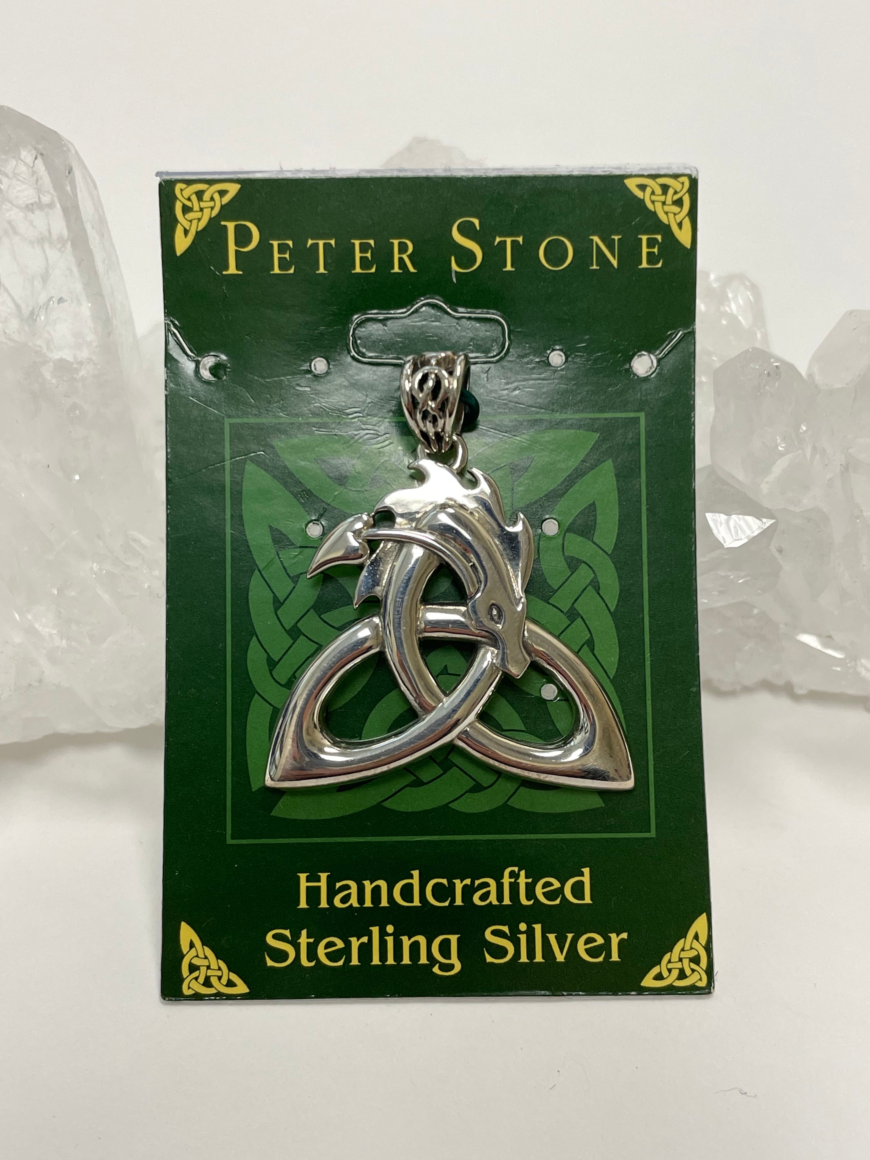 Yet another view of the stunning sterling silver dragon pendant forming a Celtic triquetra or trinity knot with a Celtic design on the bail. Approximately 1¼" without bail, 1½" with bail. Cost is $34.98.