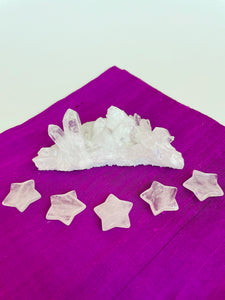 View of several crystal quartz stars. This powerful little quartz crystal star can be used for meditation, healing, for your altar, or as décor for any room in your home or office. Easy to slip right into your pocket so you can take the energy of Quartz everywhere you go. Quartz is the "most powerful healing and energy amplifier on the planet" (Judy Hall). Approximately 1¼". Cost is $6 for one star. 